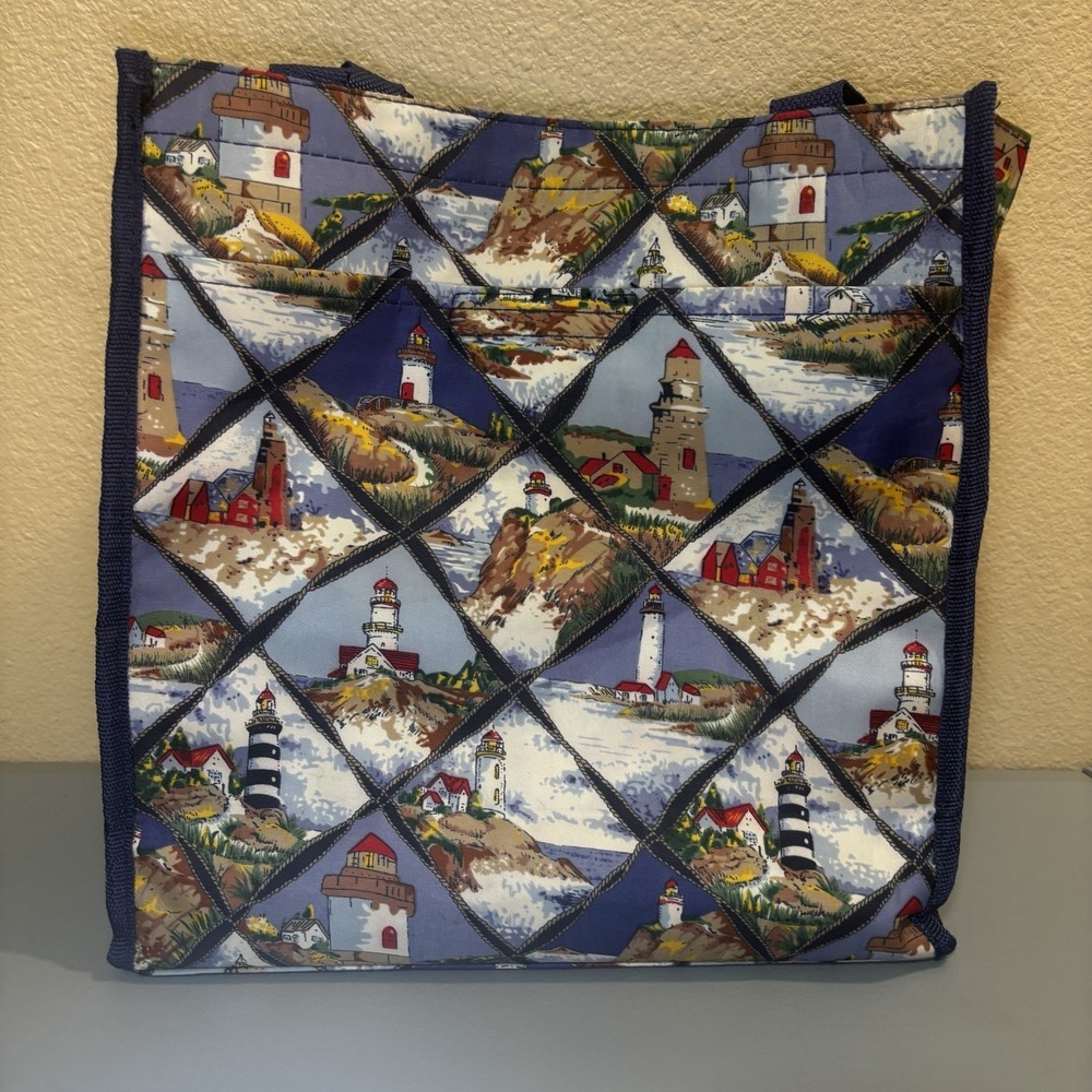 Nautical Lighthouse Beach Shopping Tote Bag Strong Sturdy Zip‎ Exterior Pocket